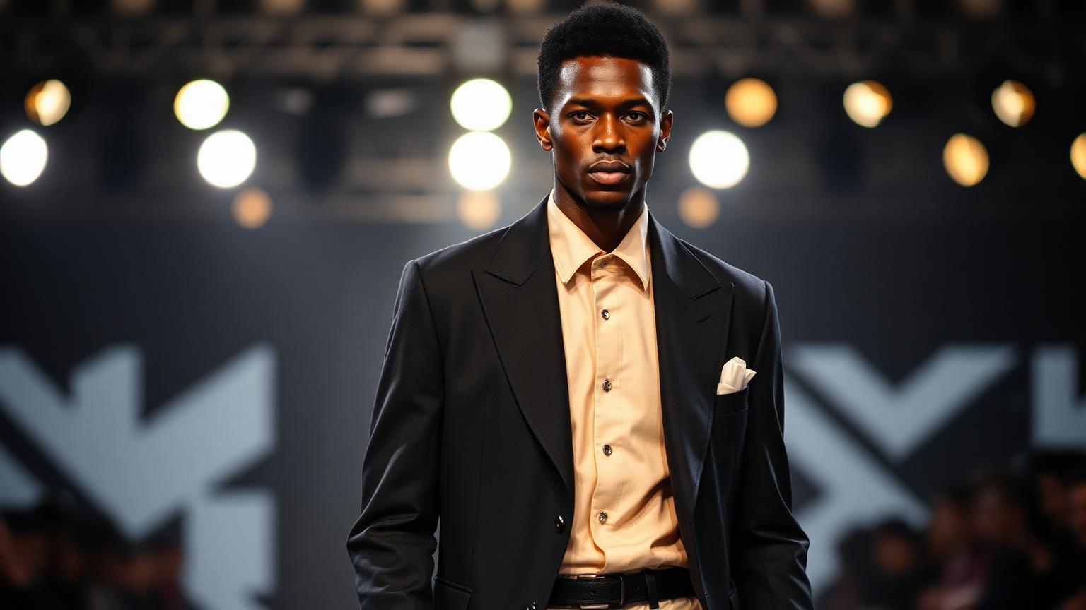 Menswear model on a spotlit runway